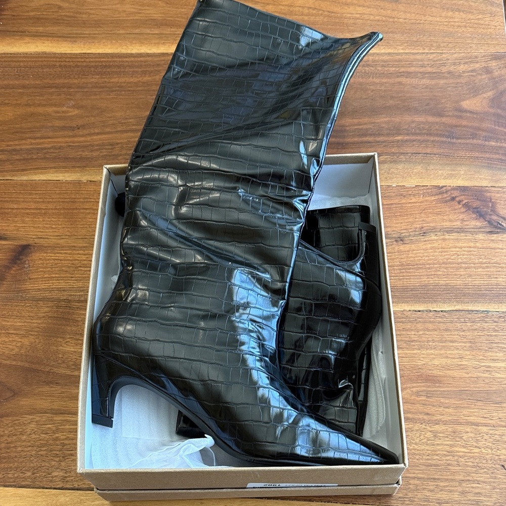 Black Croc-Embossed Knee-High Boots